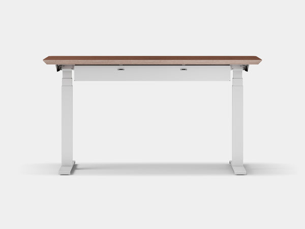 oakywood walnut veneer standing desk pro with white legs and cable management back view | walnut veneer, ,white