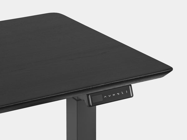 oakywood black wooden standing desk touch with black legs closeup | black, , black