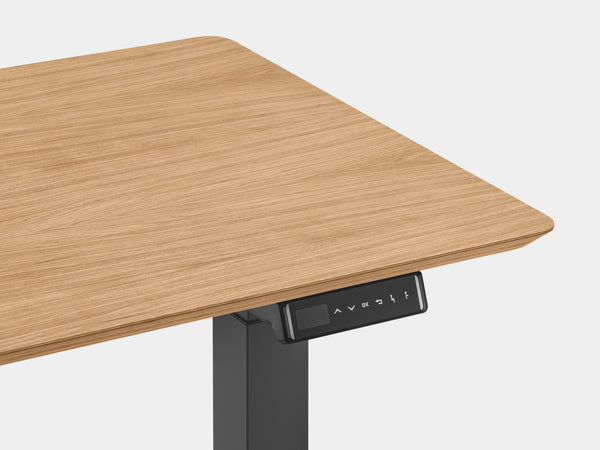 oakywood oak veneer standing desk touch with black legs closeup | oak veneer, , black