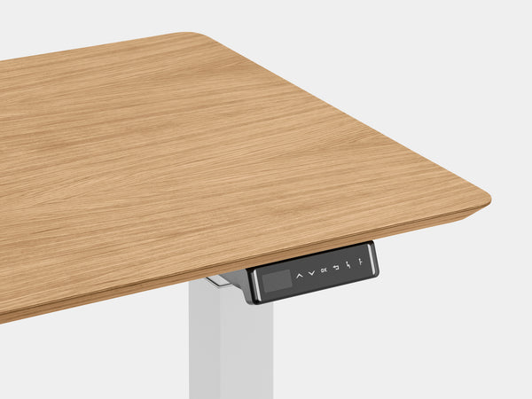 oakywood oak veneer standing desk touch with white legs closeup | oak veneer, , white