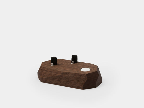 Oakywood Triple Dock in walnut with 2x Lightning connectors – elegant dark wood dock for charging Apple Watch and iPhone simultaneously | walnut, 2x lightning
