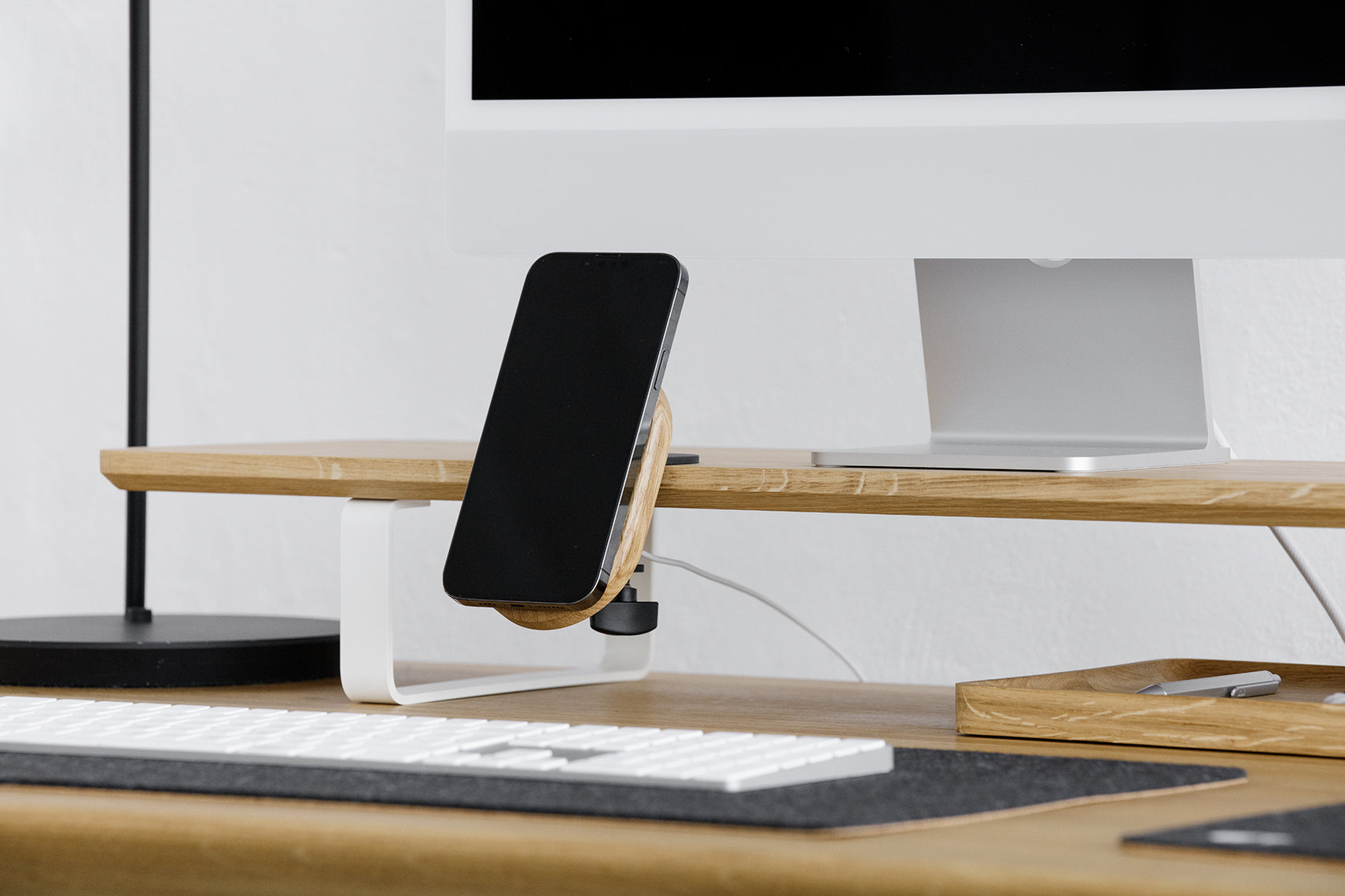 oak magsafe iphone desk shelf mount on a desk shelf | -