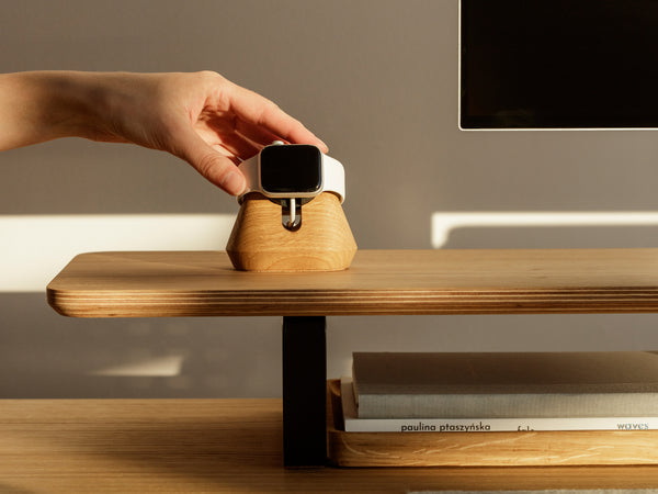 oak magnetic charging apple watch stand on a veneer desk shelf | -