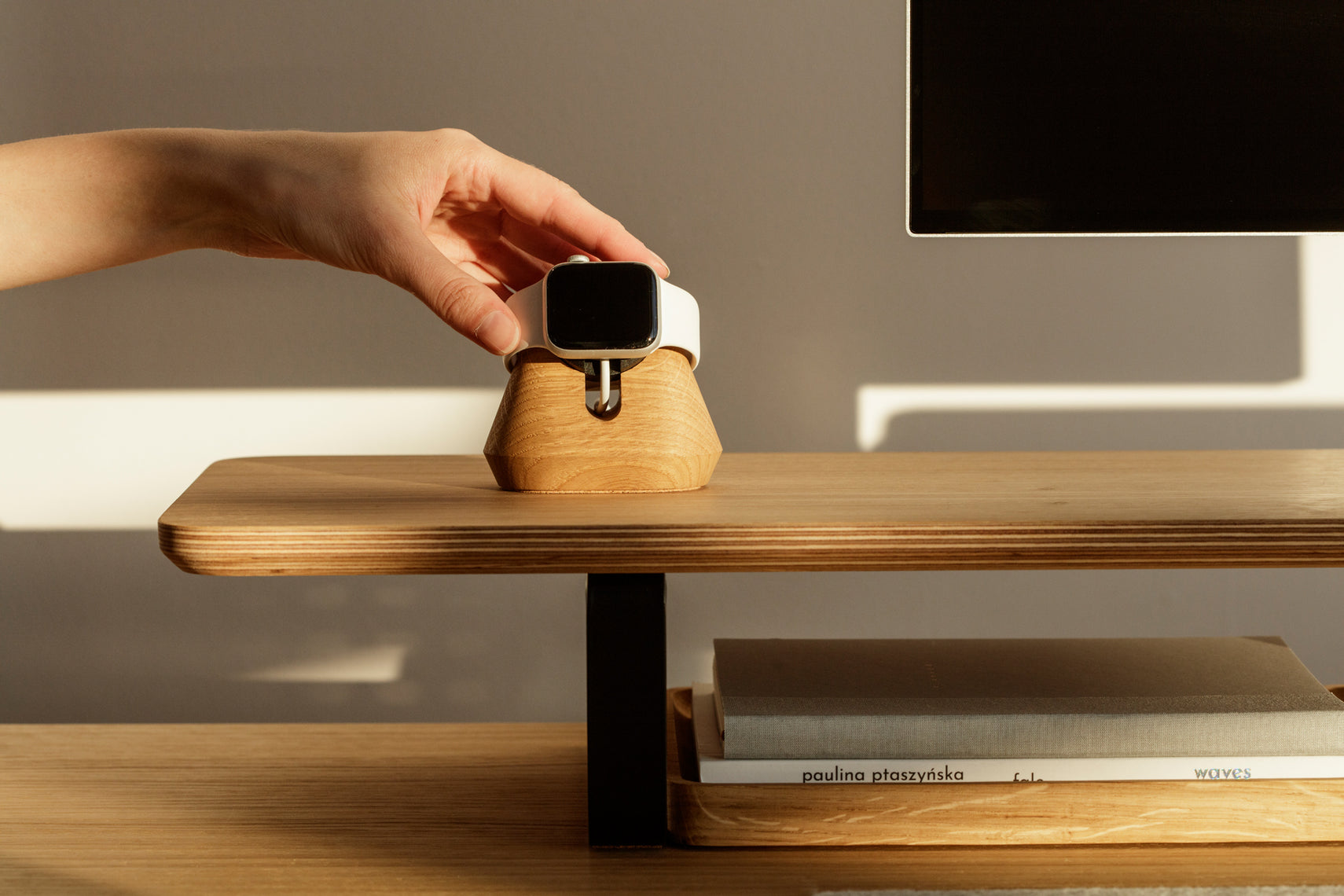 oak magnetic charging apple watch stand on a veneer desk shelf | -