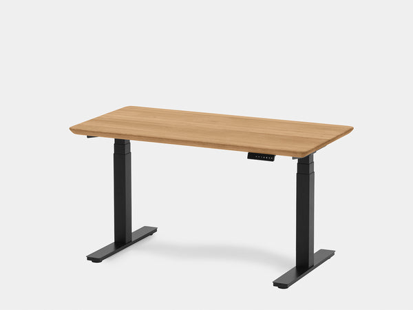 Dark wood top desk with black metal frame, isolated (product image).