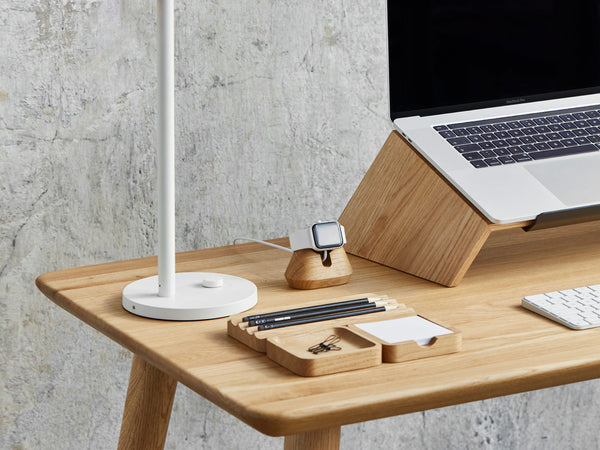 oak magnetic charging apple watch stand on a wooden desk with oakyblocks | -