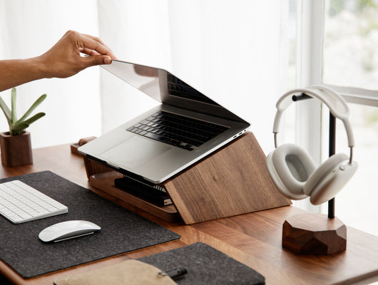 oakywood walnut wooden laptop stand on desk | -, 