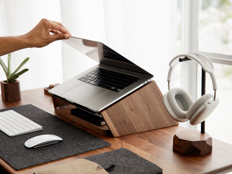 oakywood walnut wooden laptop stand on desk | -, 